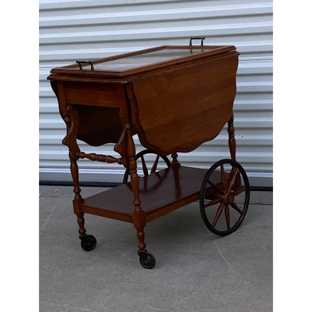 Antique Oak Drop Leaf Tea or Bar Cart With Glass Tray Chairish