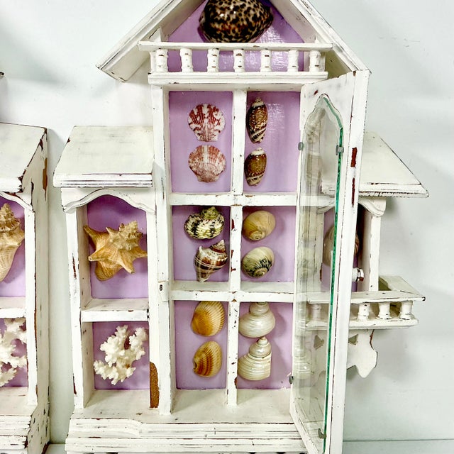 Vintage Coastal Boho Chic Lavender Ground Beach House Divided Shadowbox Decorative Object, Seashell Collection - A Pair For Sale - Image 4 of 18