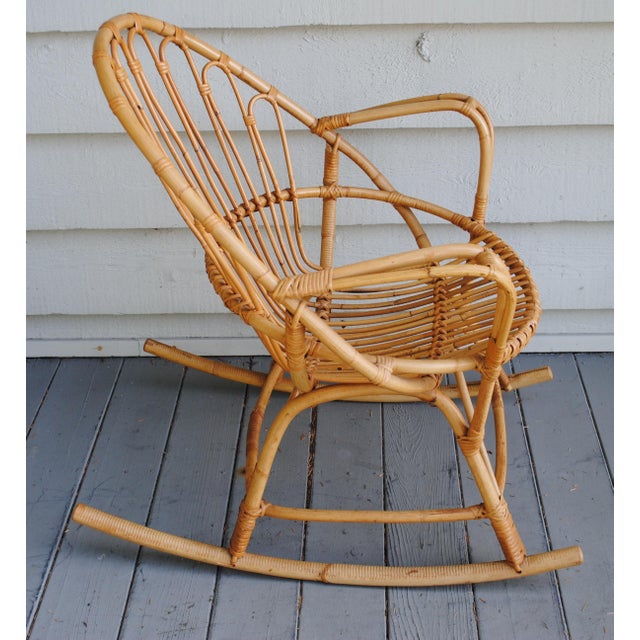 Mid 20th Century Vintage Small Adult Rattan Bamboo Fan Back Rocking Rocker Chair 1960's For Sale - Image 5 of 6