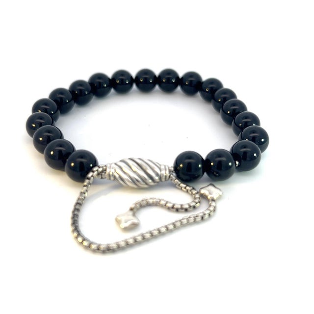 1990s 1990s David Yurman Onyx Polished Beads Bracelet 6.6 - 8.5" Silver 8 Mm Estate For Sale - Image 5 of 11