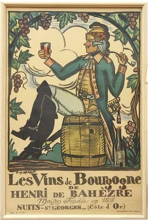 1930s Framed Vintage French Poster , Guy Arnoux's Les Vins De Bourgogne De Henri De Bahezre - 1 Piece