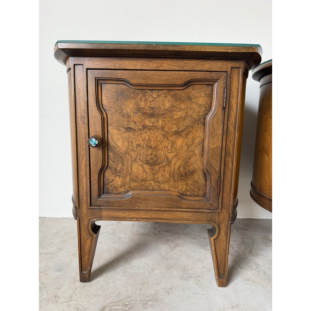 1960s Harold Schwartz for Romweber Demilune Pecan Three-Leg End Tables / Nightstands- A Pair For Sale - Image 5 of 13