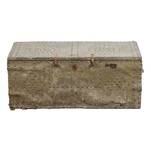 Antique Trunk in Wood, Metal, and Leather For Sale