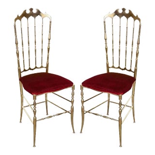 Pair of 1960s Italian Brass Chiavari Side Chairs With Red Velvet Seats For Sale