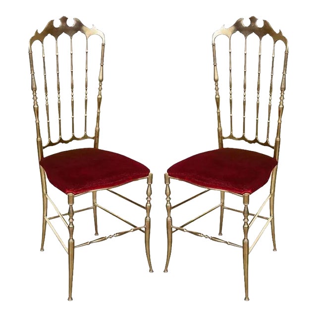 Pair of 1960s Italian Brass Chiavari Side Chairs With Red Velvet Seats For Sale