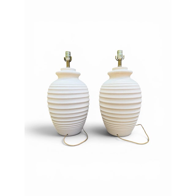 A substantial and striking pair of authentic vintage Postmodern table lamps by Mar-Kel. Featuring an organic "beehive"...