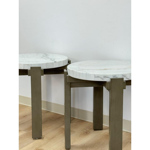 Vintage Round End Tables Beige Marble Top Gray Metal Base Pair Modern Accent For Sale - Image 10 of 10