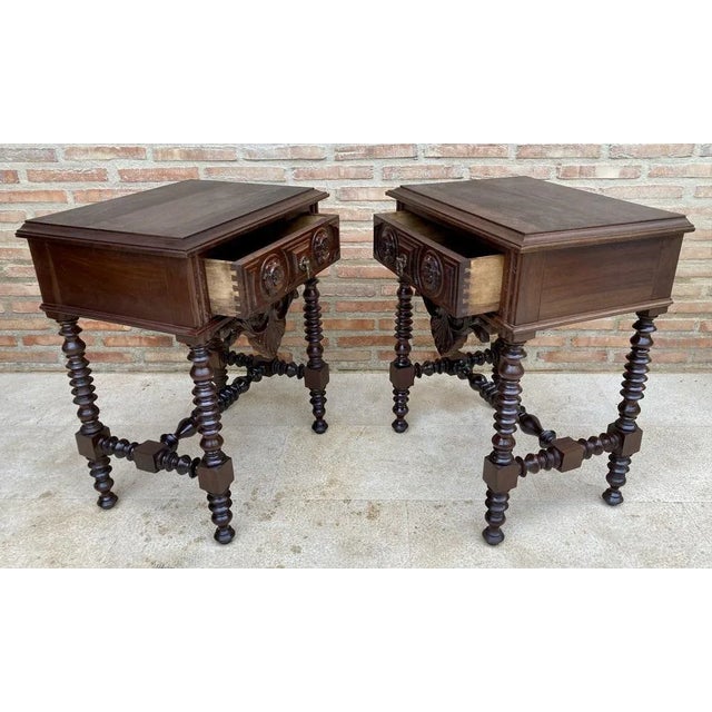 20th Century Solid Carved French Nightstands With Turned Columns & One Drawer, Set of 2 For Sale - Image 9 of 11