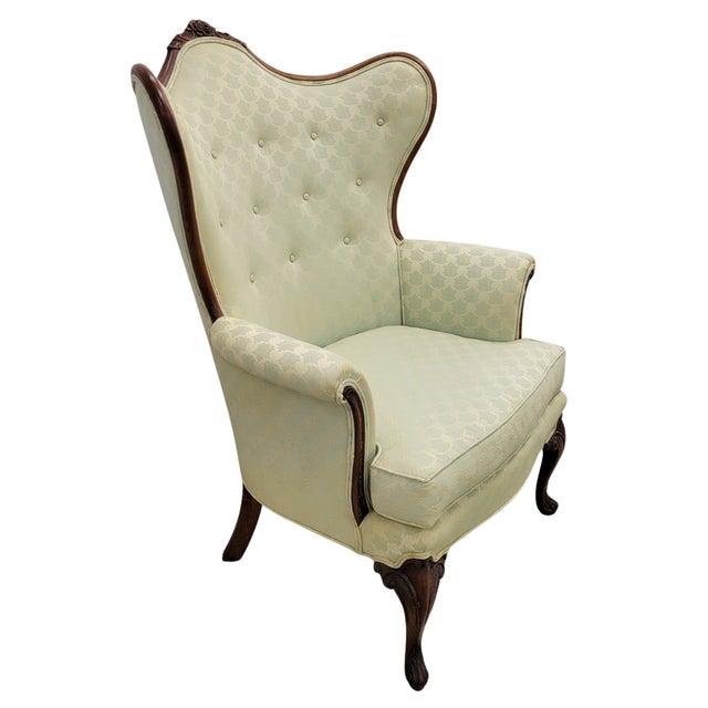 Wood Vintage French Louis XV Style Carved Wood Wingback Bergère Chairs in Pale Green Damask – Pair For Sale - Image 7 of 12