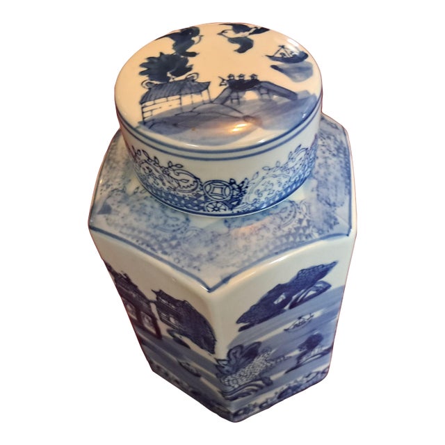 1970s Mid-Century Modern Hexagon Blue Willow Ginger Lidded Jar For Sale