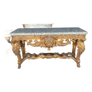 Late 19th Century Louis XIV-style Gilded Wood and Grey Marble Top With King’s Faces Carved Console Table For Sale