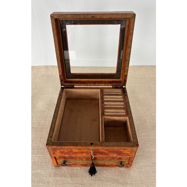 Brown Vintage Italian Florentine Gold Embossed Leather Wrapped Jewelry Box With Key For Sale - Image 8 of 12