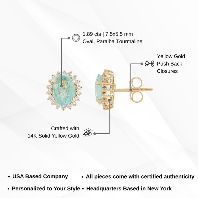 1.89ct Oval Cut Paraiba Stud Earrings With Diamonds in 14k Yellow Gold- A Pair For Sale - Image 11 of 15