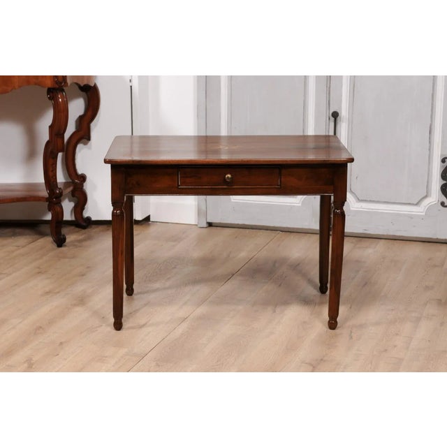 Italian 1890s Walnut Side Table with Elm Marquetry Star, Drawer and Turned Legs For Sale - Image 9 of 12