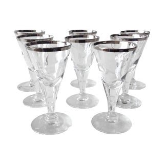 Vintage Italian C.1960's Hand Blown Swirled & Silver Rimmed Cordials - S/8 For Sale