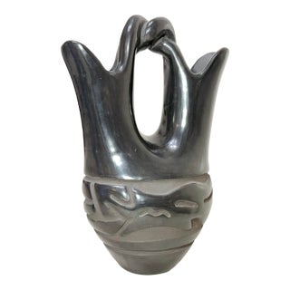 Native American Jane & Starr Santa Clara Pueblo Black Pottery Wedding Jar Vase For Sale