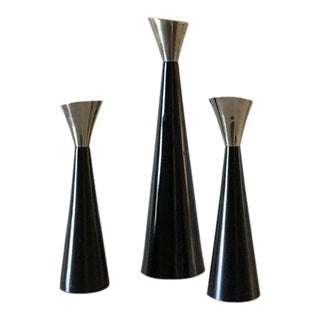 Vintage Danish Modern Black and Chrome Finish Solid Brass Candle Holders - Set of 3 For Sale