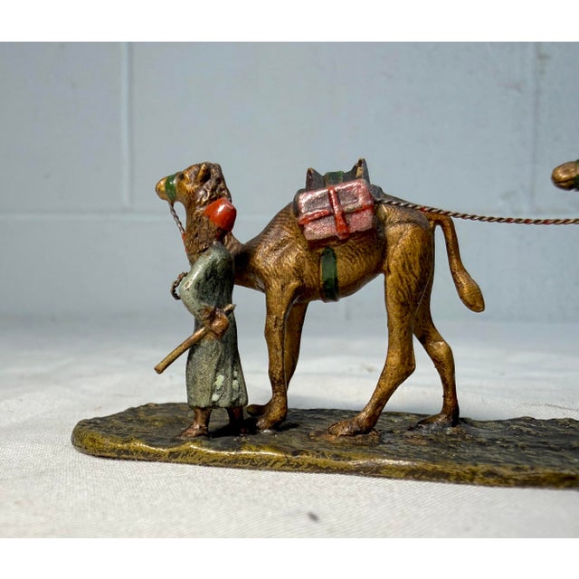 Camel Antique 19th Century Mini Cold Painted Austrian Vienna Bronze Man 2 Camel Statue For Sale - Image 8 of 12