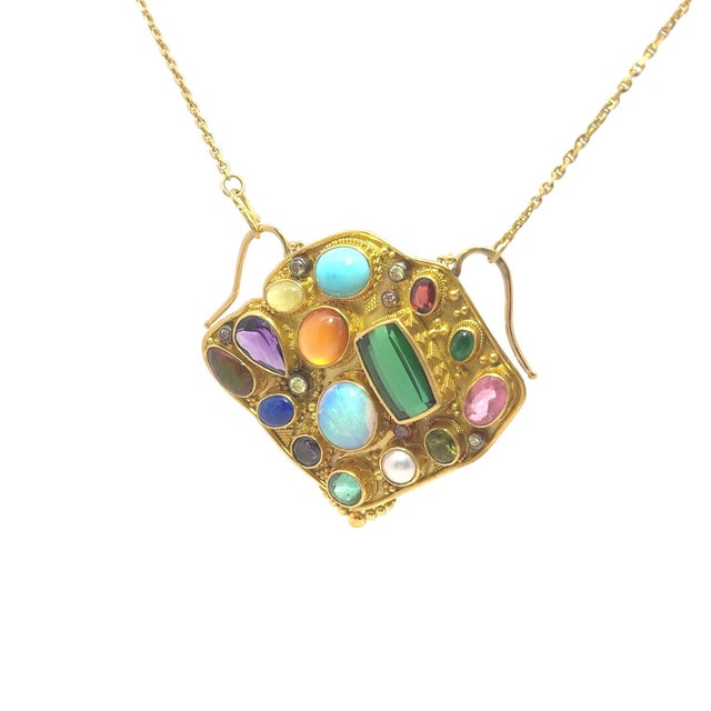 Modern Luna Felix MultiColored Gemstone 22k Yellow Gold Pendant Necklace For Sale - Image 3 of 5