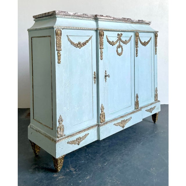 Baby Blue Vintage Neoclassical Gilt Tipped Cabinet With Scagliola Top For Sale - Image 8 of 11