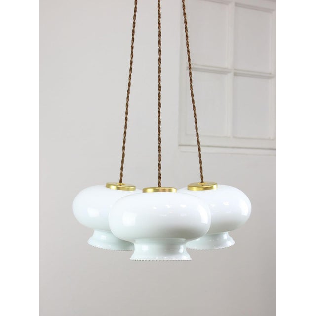 Goldenrod Mid-Century Italian Opaline Glass and Brass Pendant Lamp, Set of 3 For Sale - Image 8 of 18