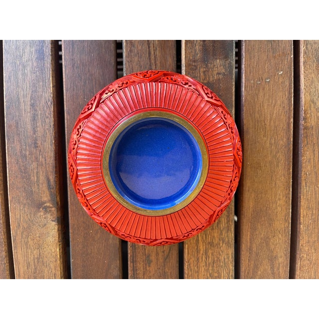 Vintage Chinese Red Cinnabar Lacquerware With Brass Rim Round Floral Bowl For Sale In Santa Fe - Image 6 of 6
