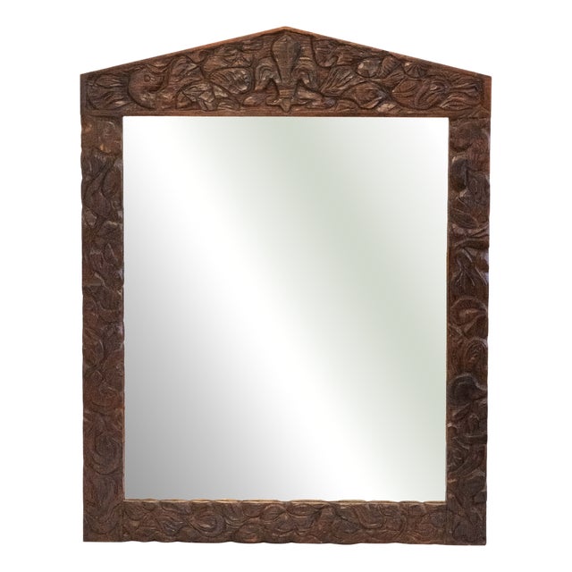 Large Brown Hand-Carved Wooden Mirror with Organic Motif For Sale