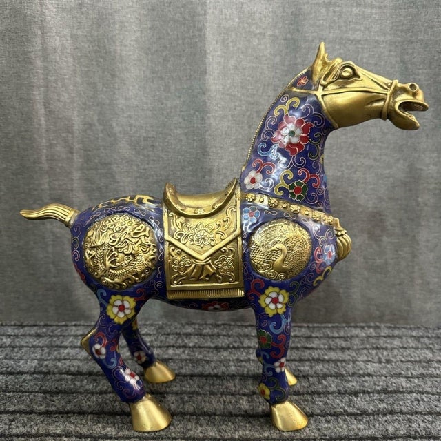Blue Impressive Pair of Vintage Cloisonné Enamel War Horses For Sale - Image 8 of 9