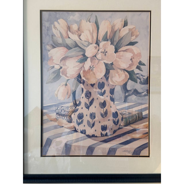 Cerulean Vintage Jerianne Van Dijk Oversized Framed Floral Lithograph – Pink Tulips in Delft Pitcher For Sale - Image 8 of 16