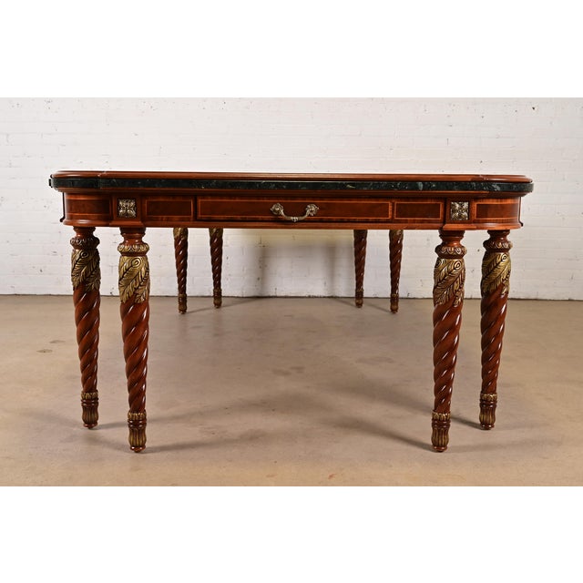 Henredon Grand Provenance Italian Neoclassical Inlaid Cherry and Burl Wood Parcel Gilt Extension Dining Table For Sale - Image 15 of 17