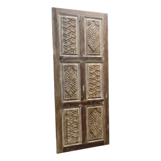 Vintage Floral Carved Wood Sliding Barn Door – Natural Rustic Statement Piece 82x32 For Sale