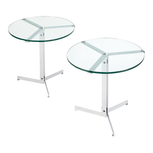 1970s Hans Eichenberger for Strassle Pair of "Alpha" Side Tables in Polished Chrome and Glass For Sale