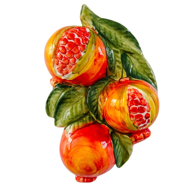 Rustic European Vintage-Style Italian Majolica Pomegranate Wall Plaques by Bassano Del Grappa Ceramiche - Pair For Sale - Image 3 of 15