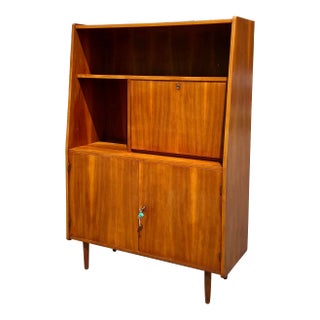 Vintage Danish Teak Bookcase or Dry Bar with Lock + Key For Sale