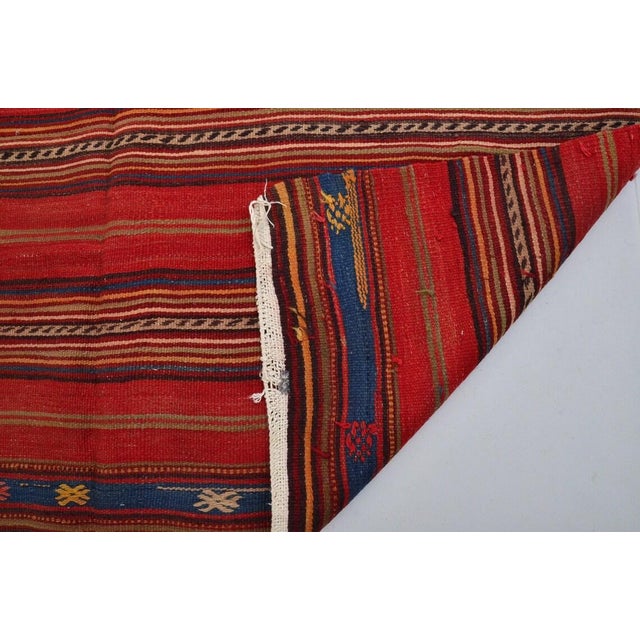 Vintage Crimson Red Turkish Striped Kilim Rug With Geometric Border Details For Sale - Image 4 of 10