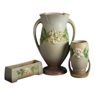 Mid 20th Century Roseville Art Pottery with Gardenia Pattern - Set of 3 For Sale