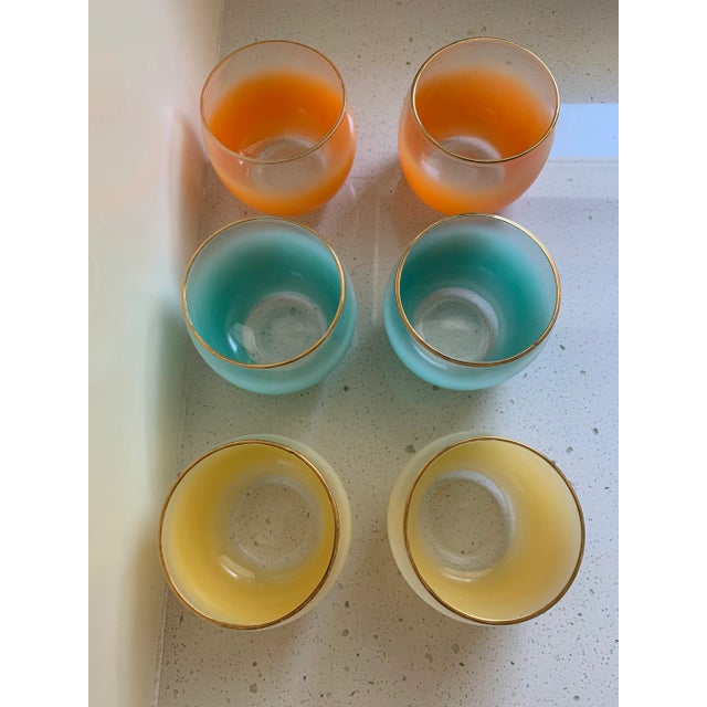 Mid Century Blendo Roly-Poly glasses in yellow , aqua and orange with gold banded rim. Love love love these! On sale