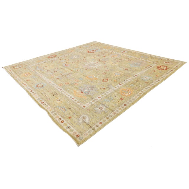Serene Sage & Coral Modern Oushak Style Handmade Wool Rug 10x10 For Sale - Image 4 of 11