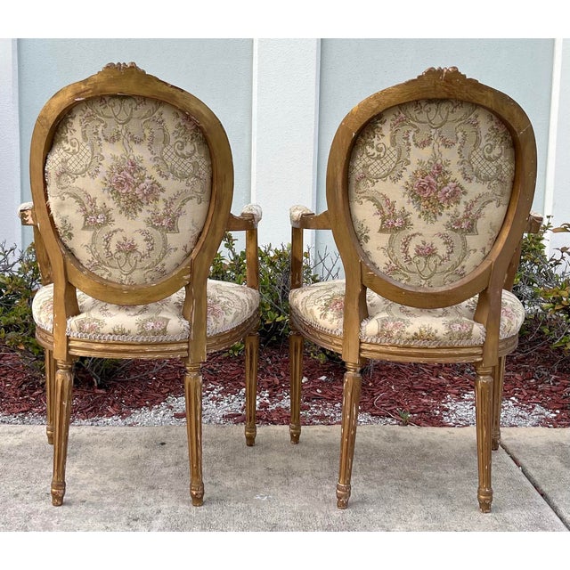 Antique elegant 18th Century Style Chairs (re-upholstered more recently, 1980s). Intricately carved wooden frame w/...