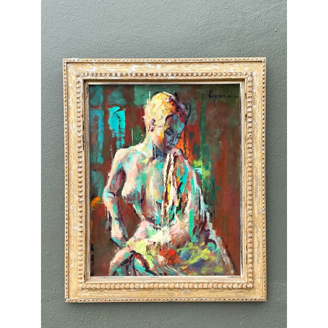 This stunning original mid-century modern oil painting presents a captivating abstract figurative nude, rendered with...