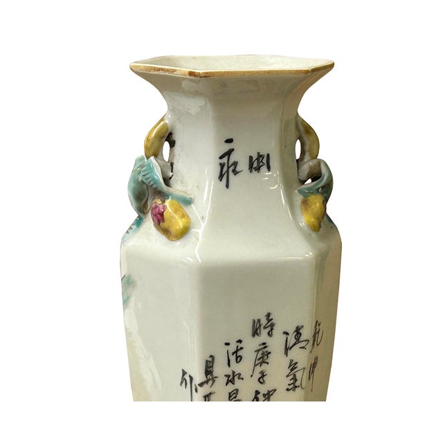 Chinese Scenery Graphic Hexagonal White Porcelain Art Vase 2 For Sale - Image 13 of 17