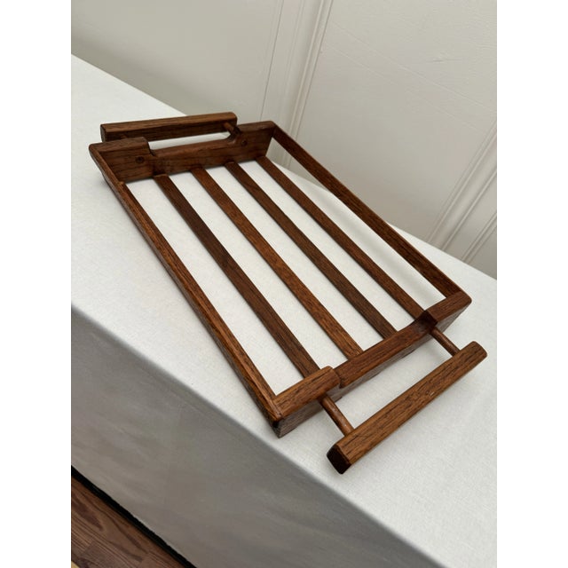 Camel Mid Century Modern Open Slat Solid Oak Wood Double Handled Tray For Sale - Image 8 of 12