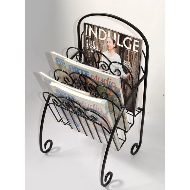 French 1970 Vintage Scrolled Black Wrought Iron 3 Tier Magazine Rack For Sale - Image 3 of 13