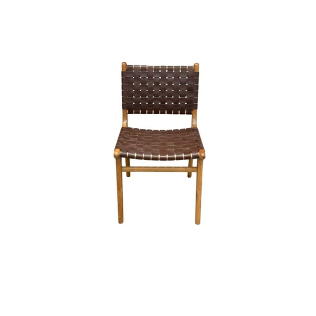 Pair Teak Wood Framed Chairs, With Woven Leather Seat For Sale - Image 4 of 5