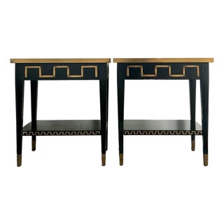 Vintage Regency Greek Key Brass Trim Side Tables - A Pair For Sale