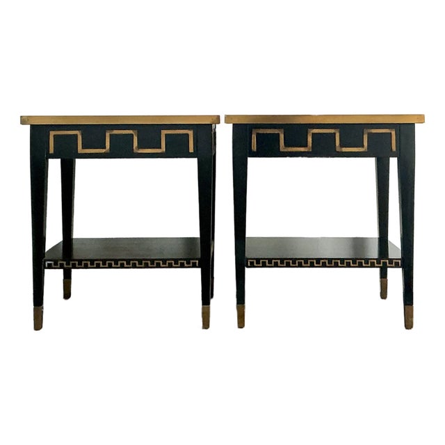 Vintage Regency Greek Key Brass Trim Side Tables - A Pair For Sale