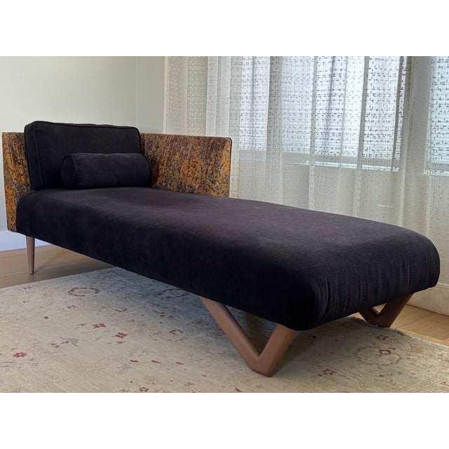 Mid-Century Modern 1960's MCM Sofa Chaise - Reupholstered in Black Chenille and a Burnt Orange/Tan/Brown Paisley Cotton Fabric For Sale - Image 3 of 5