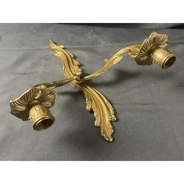1960s Pair of Antique French Rococo Style Gilt Brass Candelabras Wall Candle Sconces For Sale - Image 4 of 5
