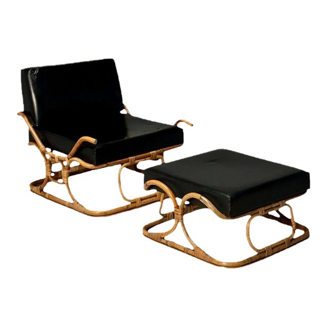 Isa Ponte San Pietro, Italian Mid-Century Modern, Armchair, Ottoman, Rattan For Sale