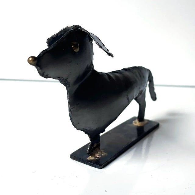 French Brutalist Steel Dog Sculpture With Brass Accents For Sale - Image 4 of 7